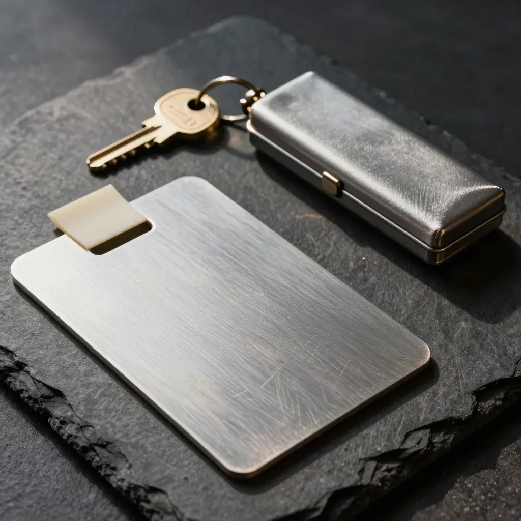 Brązowe i aluminiowe elementy rejestracyjne na ciemnym łupku w ostrym świetle.