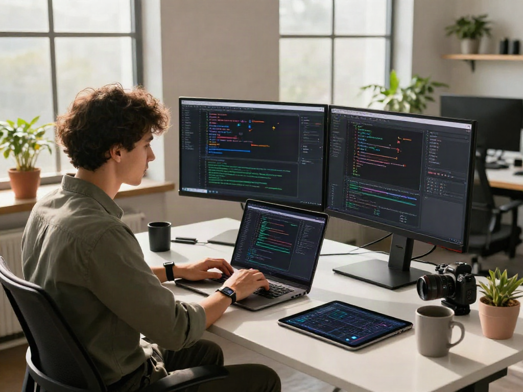 Innovative workspace showcasing 18+ ai development with young coder immersed in technology.